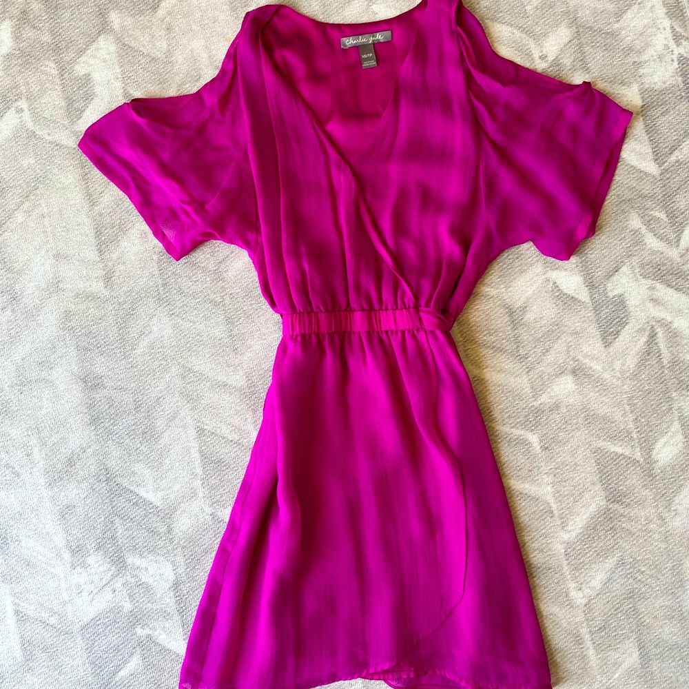 CHARLIE JADE Roya Dress 100% SILK Cold Shoulder Shift Mini XS